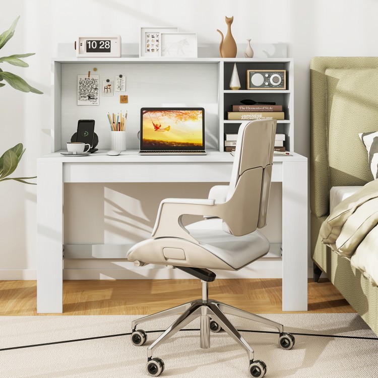 Modern computer desk with hutch and storage shelves in white, featuring a laptop compartment and built-in charging.