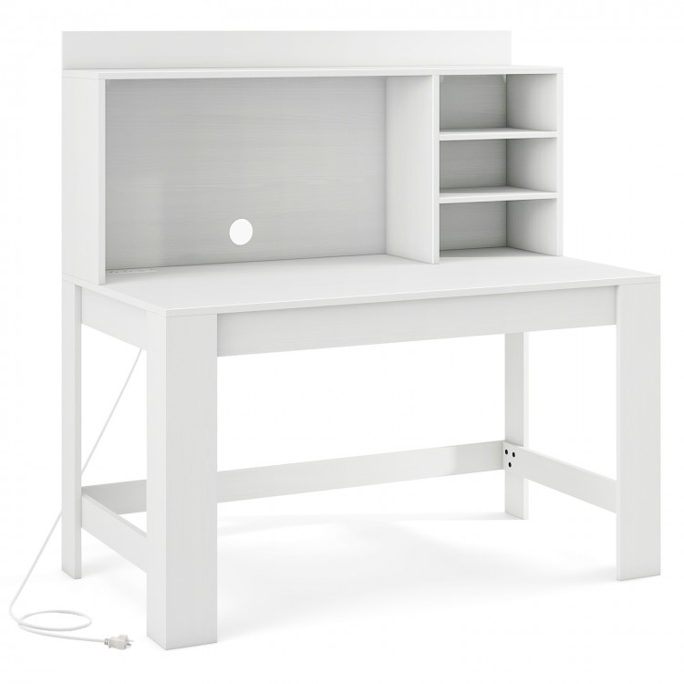Modern white computer desk with hutch, featuring 3 storage shelves and built-in charging station for organized.