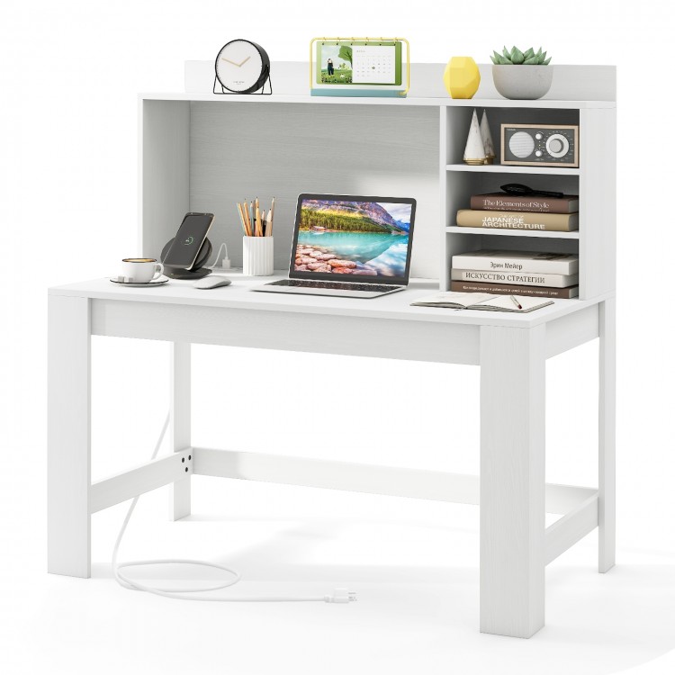 Modern computer desk in white with hutch, storage shelves, and built-in charging station for organized workspace.