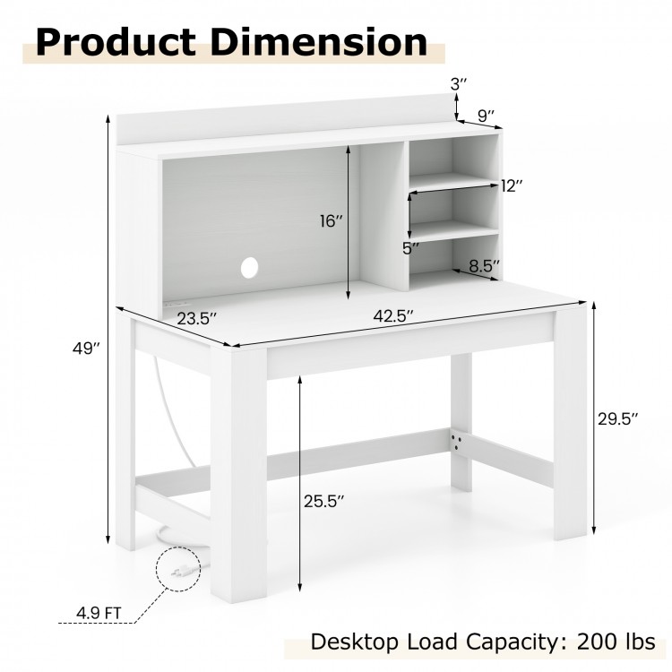 Modern white computer desk with hutch, featuring 3 storage shelves and a 23.5" wide desktop for efficient workspace.