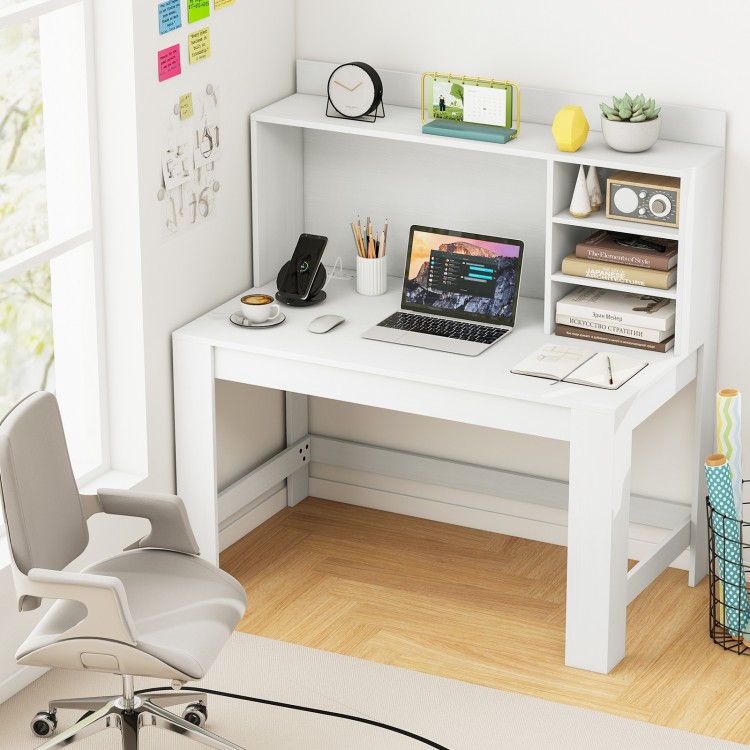 Modern computer desk with hutch and storage shelves in white, featuring a raised display shelf and built-in charging.