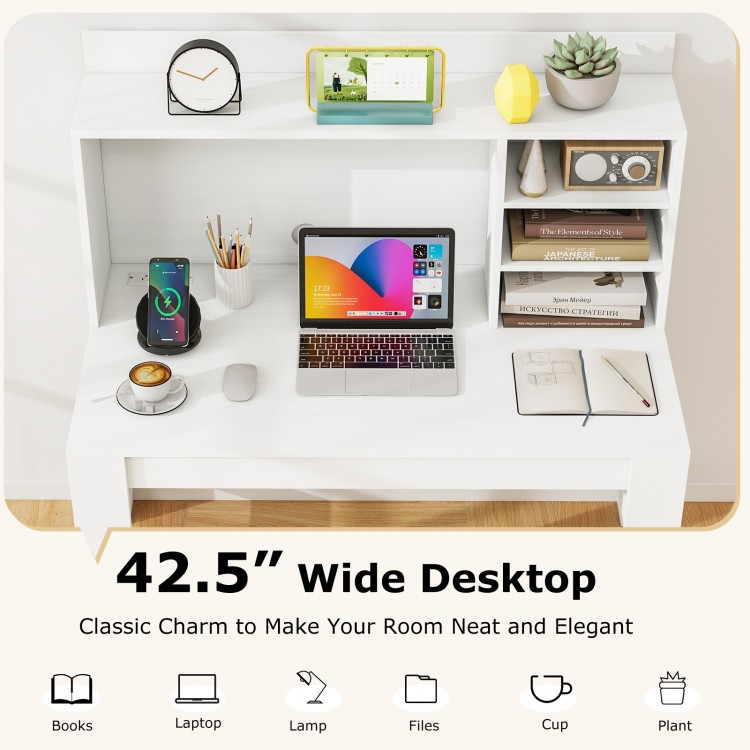 Modern computer desk with hutch and storage shelves, featuring a 42.5" wide white desktop for organized workspace.