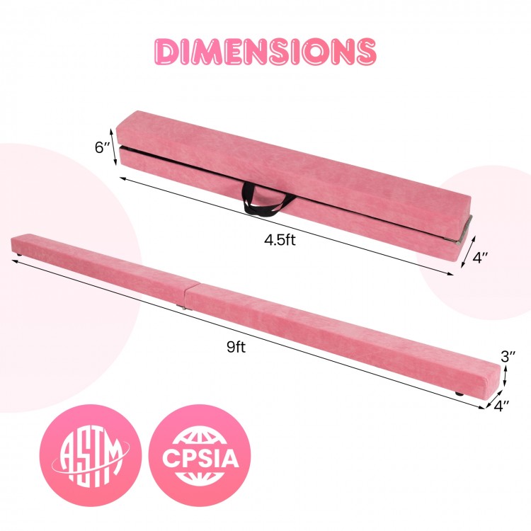 9 FT pink folding gymnastics balance beam with anti-slip base, dimensions 6' x 4" and 9' x 3", ideal for training and.