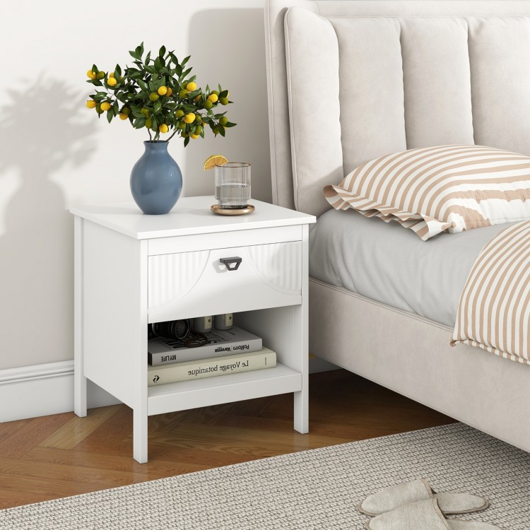 White 2-tier wood nightstand with drawer and open shelf, perfect for bedroom storage and modern decor.