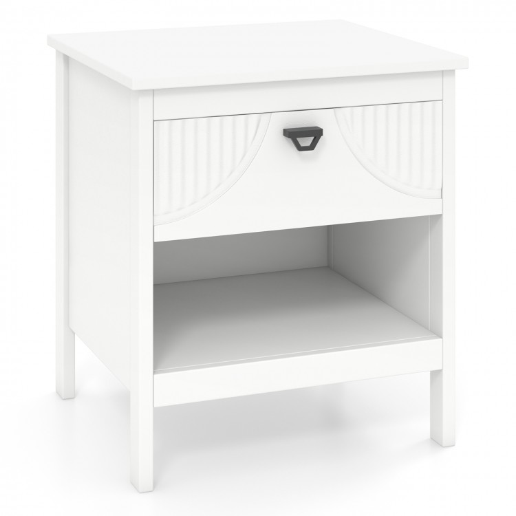 White 2-tier wood nightstand featuring a drawer and open shelf, ideal for bedroom storage and small spaces.