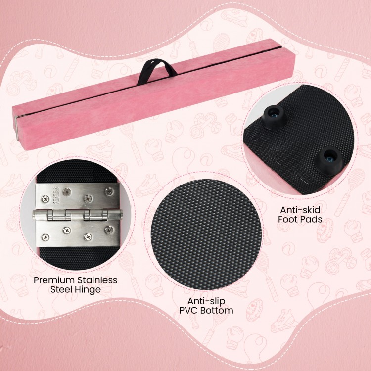 Folding gymnastics balance beam in pink with anti-slip base, premium stainless steel hinge, and portable design for.