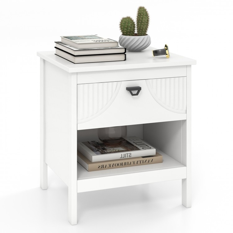 White 2-tier wood nightstand with drawer and open shelf, perfect for bedroom storage and small spaces.