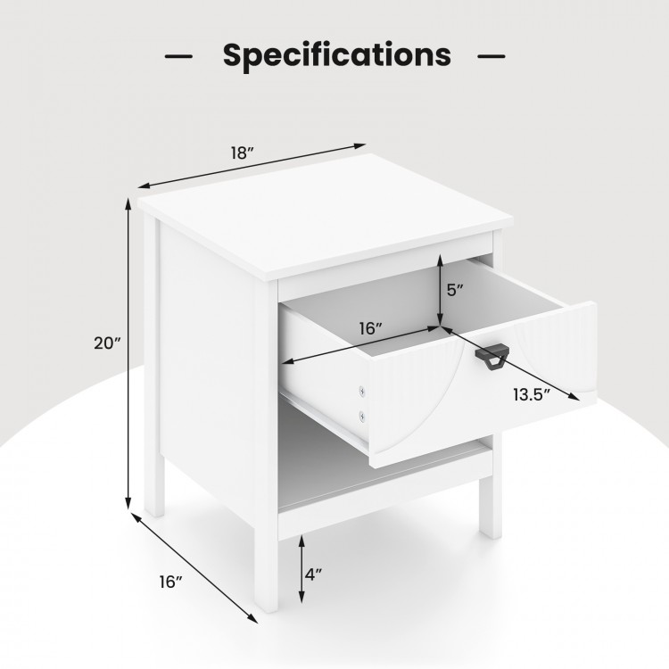 White 2-tier wood nightstand with a drawer and open shelf, featuring dimensions and specifications for bedroom use.