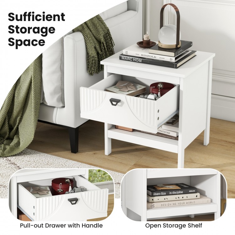 White 2-tier wood nightstand featuring a pull-out drawer and open storage shelf, perfect for bedroom organization.