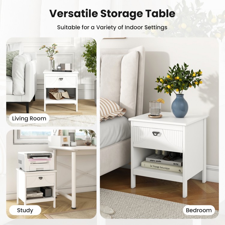 2-tier white wood nightstand with drawer and open shelf, ideal for bedroom or study, featuring modern design and.