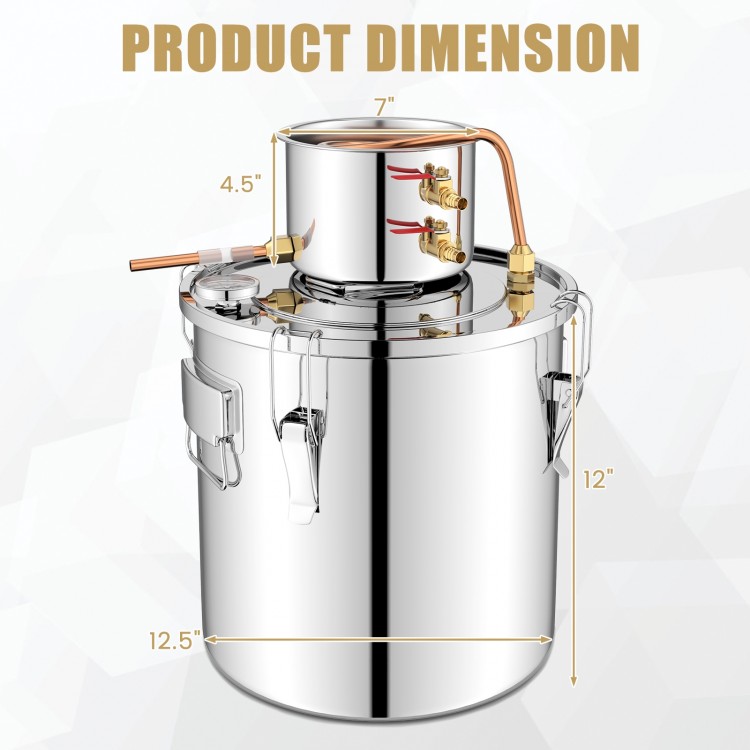 5-gallon stainless steel water juicer maker with copper pipes and thermometer, ideal for brewing and distilling.