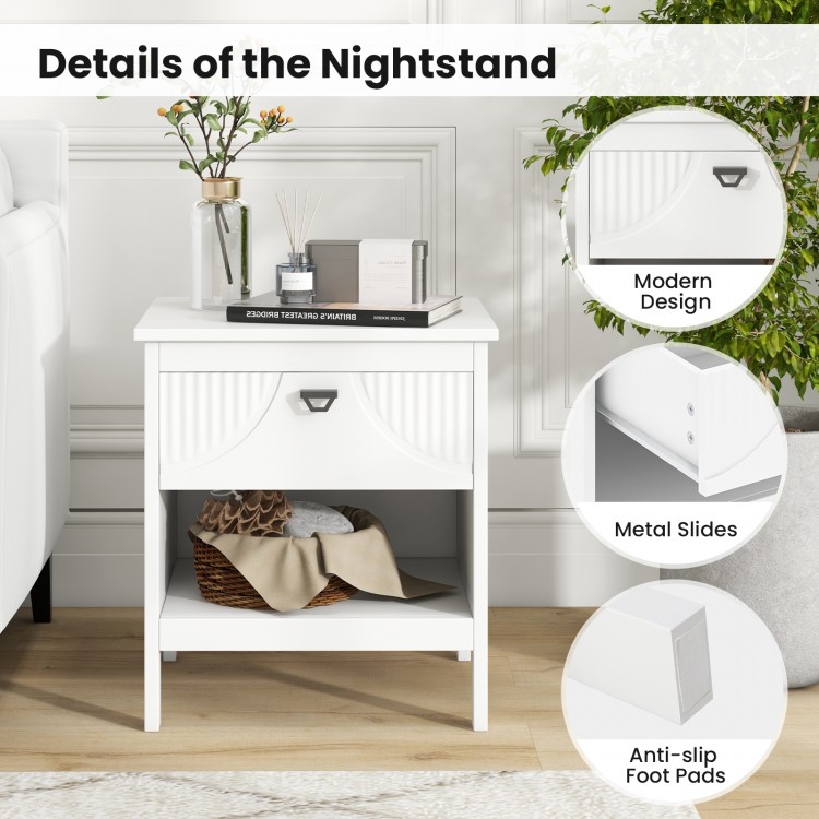 White 2-tier wood nightstand featuring a drawer and open shelf, designed for versatile storage in modern bedrooms.