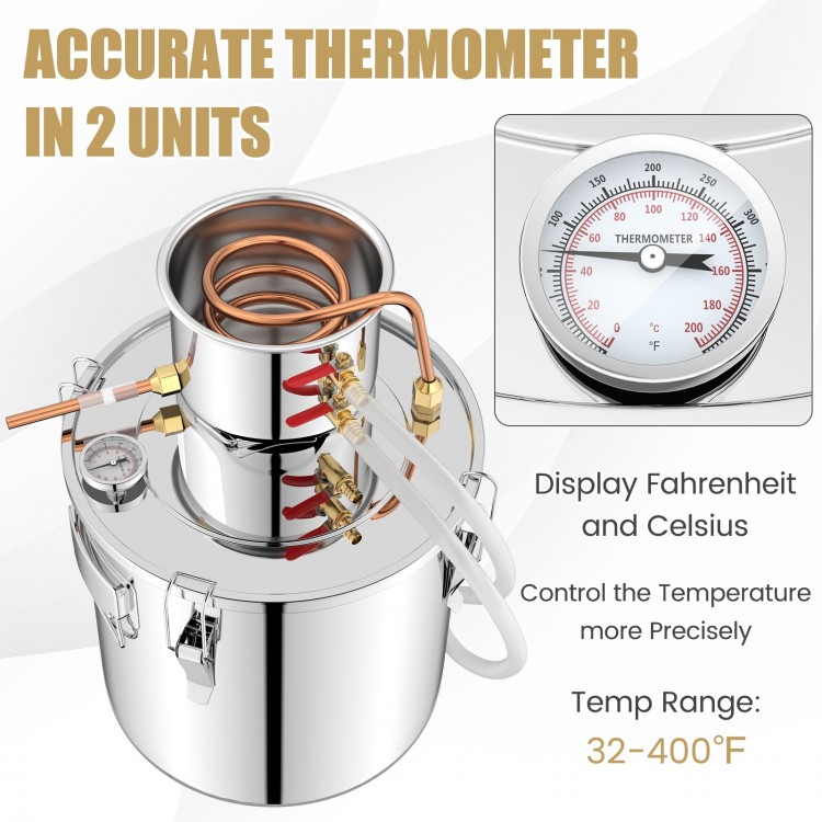 Stainless steel 5-gallon water juicer maker with precise thermometer, suitable for brewing and distilling various.