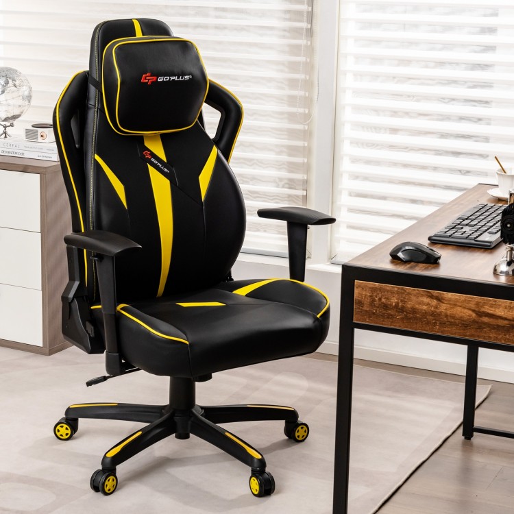 Ergonomic gaming chair in black and yellow with adjustable height, reclining backrest, and 3D armrests for comfort.