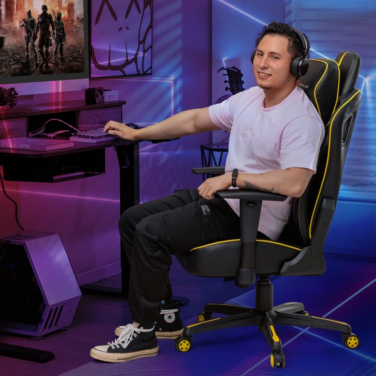 Ergonomic gaming chair in yellow with adjustable height and reclining backrest, designed for customizable comfort.