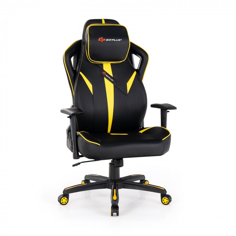 Ergonomic gaming chair in black and yellow with adjustable height, reclining backrest, and 3D adjustable armrests.