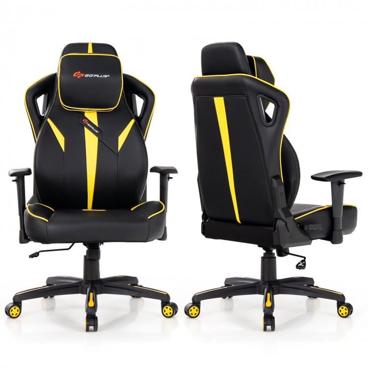 Ergonomic gaming chair in yellow with adjustable height, reclining backrest, and 3D armrests for customizable comfort.