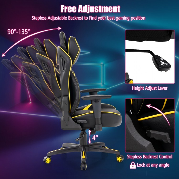Ergonomic gaming chair showcasing stepless adjustable backrest and height lever for personalized seating comfort.