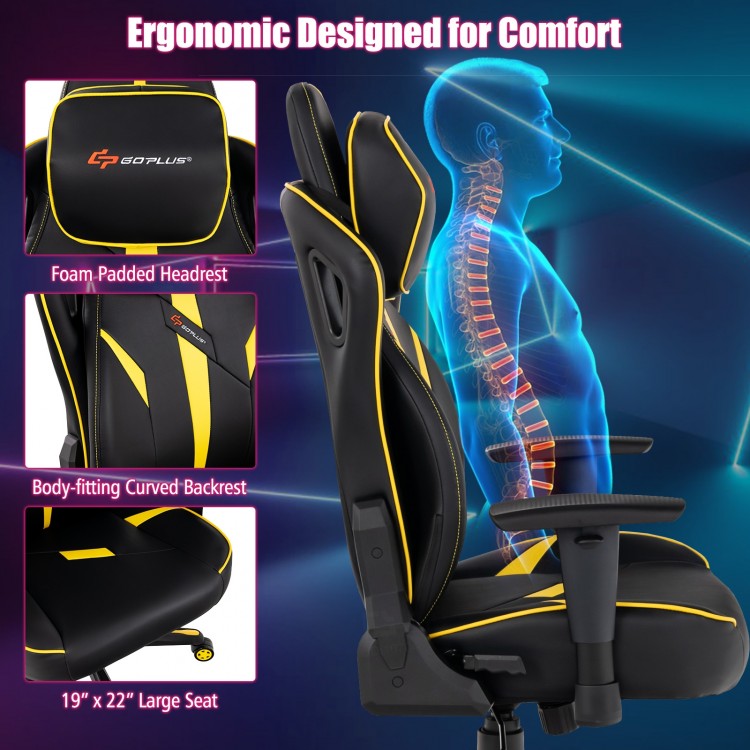 Close-up view of the ergonomic gaming chair's foam-padded headrest and body-fitting curved backrest for optimal support.