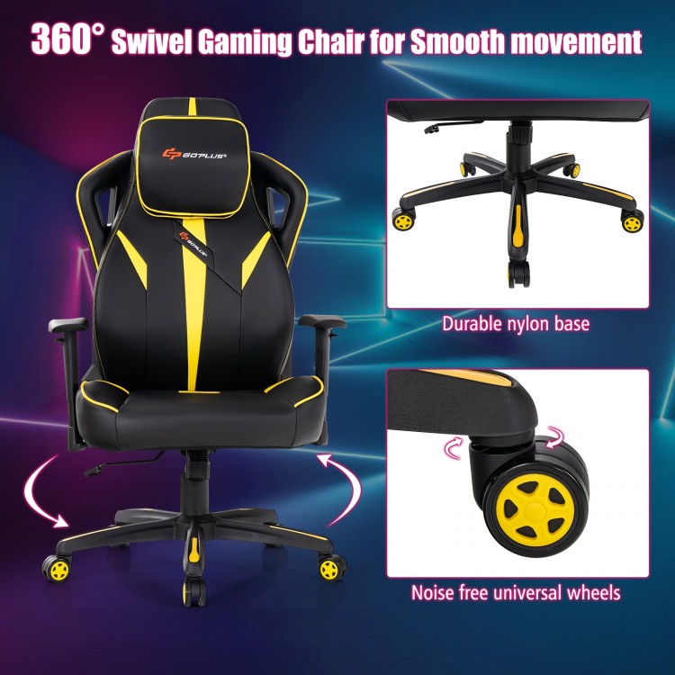 Ergonomic gaming chair in yellow with adjustable height, reclining backrest, and 360° swivel for customizable comfort.