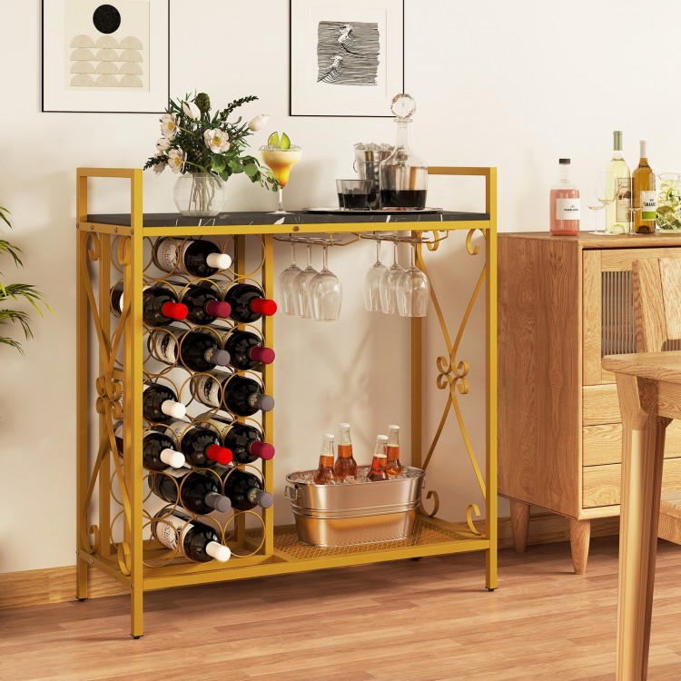 Freestanding golden wine rack with 21 bottle capacity, glass holder, and elegant design for dining room or kitchen use.