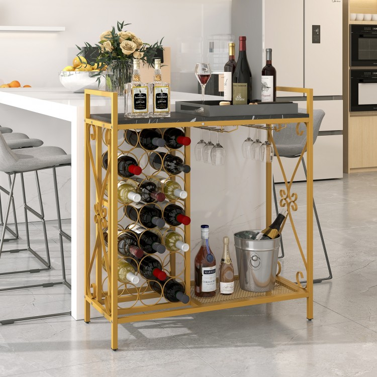 Freestanding golden wine rack with 21 bottle holders and glass holder, ideal for kitchen or dining room storage.