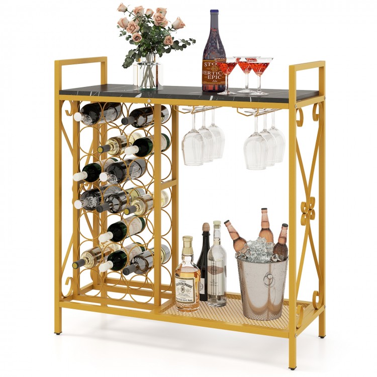 Freestanding golden wine rack with 21 bottle holders and glass holder, perfect for dining room or kitchen storage.