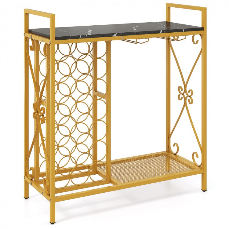 Freestanding wine rack with golden metal frame, 21 bottle holders, and glass holder, ideal for dining room or kitchen.