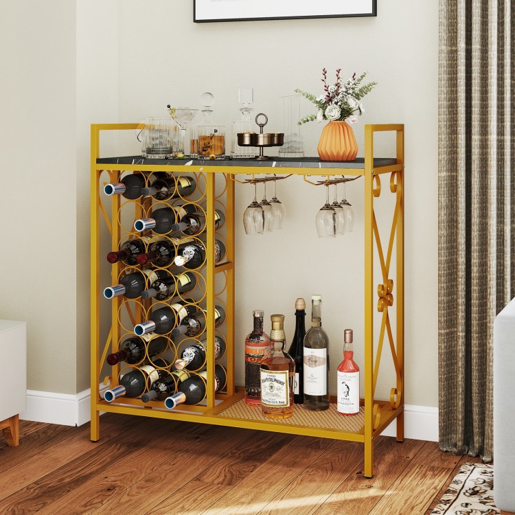 Golden wine rack with reinforced metal frame, featuring a bottom shelf for additional storage and side handles for.
