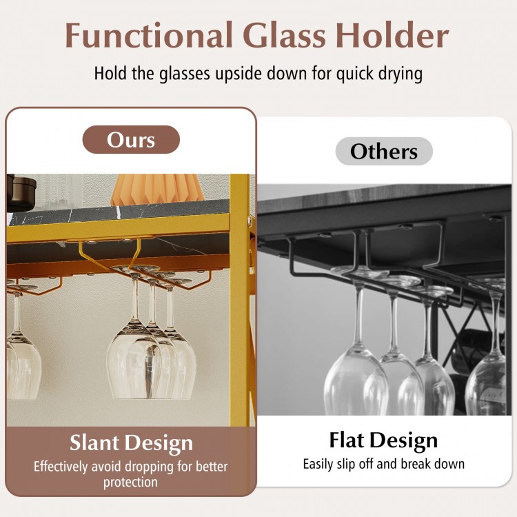 Freestanding wine rack with a golden finish, featuring slant glass holders for 6 glasses and 21 bottle capacity.