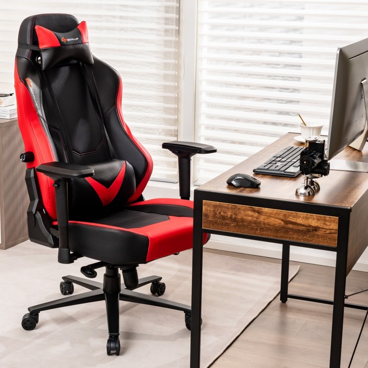 Ergonomic 360° swivel computer chair in red and black with adjustable 4D armrests, designed for office or bedroom use.