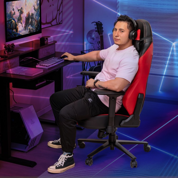 Ergonomic 360° swivel computer chair in red with adjustable armrests and lumbar support, ideal for gaming or office use.