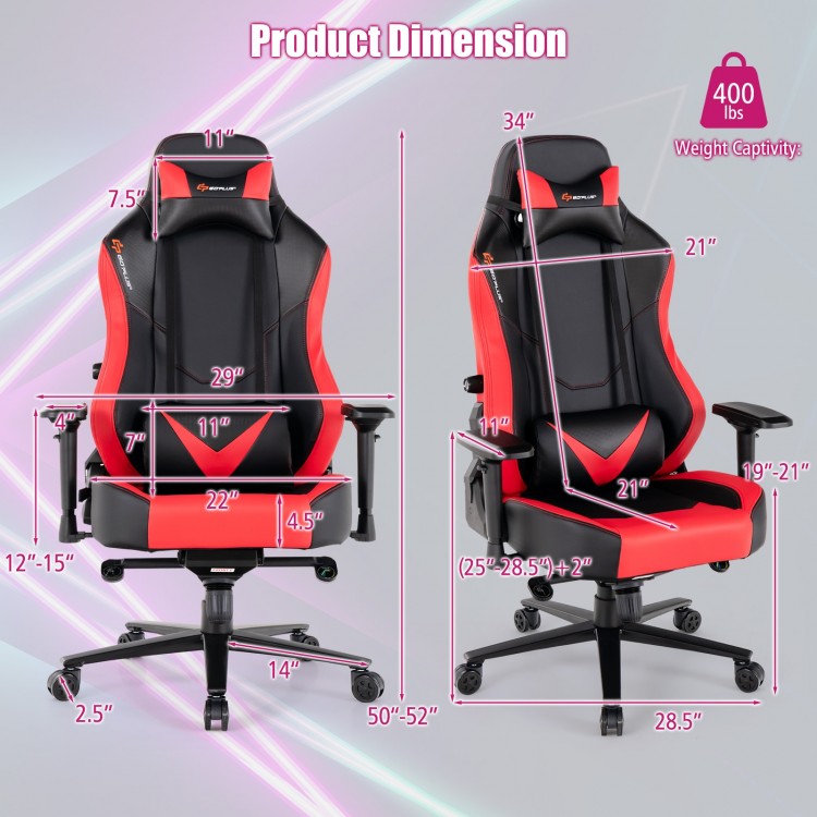 360° swivel computer chair in red with ergonomic design, adjustable 4D armrests, and lumbar support for office use.