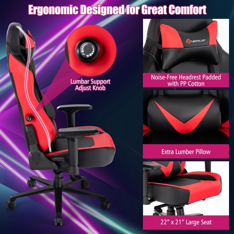 Ergonomic 360° swivel computer chair in red with adjustable lumbar support and 22" x 21" large seat for office use.