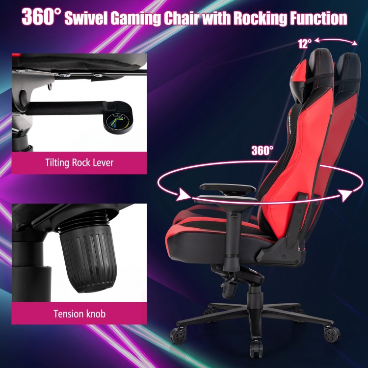 360° swivel gaming chair in red with ergonomic design, adjustable 4D armrests, and rocking function for comfort.