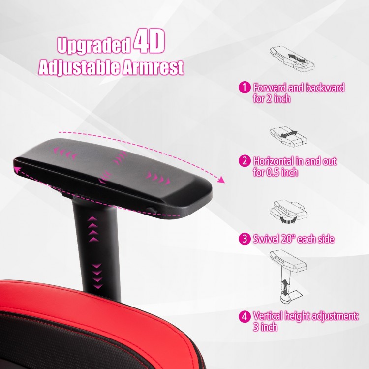 4D adjustable armrest of the red 360° swivel computer chair, allowing height, width, depth, and angle customization.