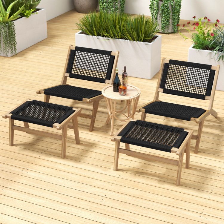 Teak wooden footstool with handwoven cordage, perfect for indoor and outdoor seating. Smooth edges for safety.