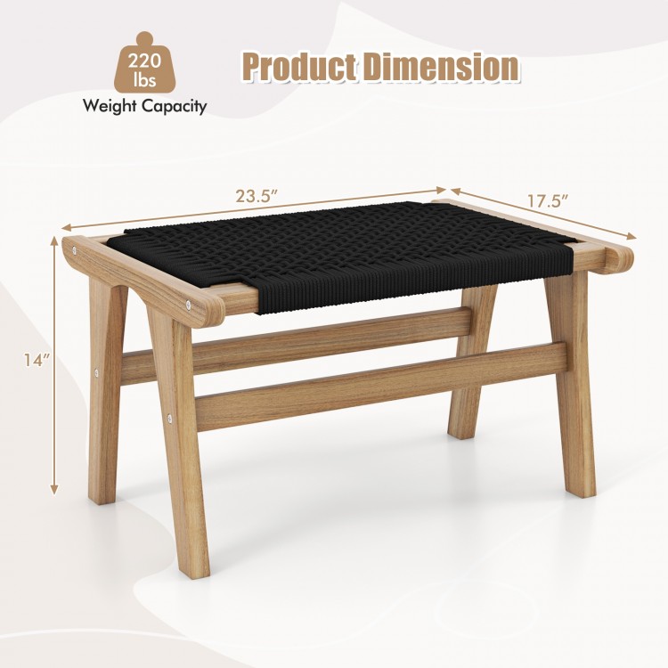 Teak wooden footstool with handwoven cordage, featuring smooth edges and sturdy construction, ideal for indoor and.
