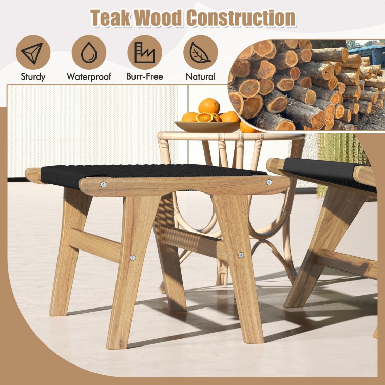 Teak wood footstool with handwoven cordage, featuring smooth edges for indoor and outdoor seating.