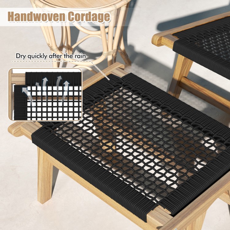 Handwoven cordage surface of the teak wooden footstool, designed for indoor and outdoor use, showcasing its breathable.