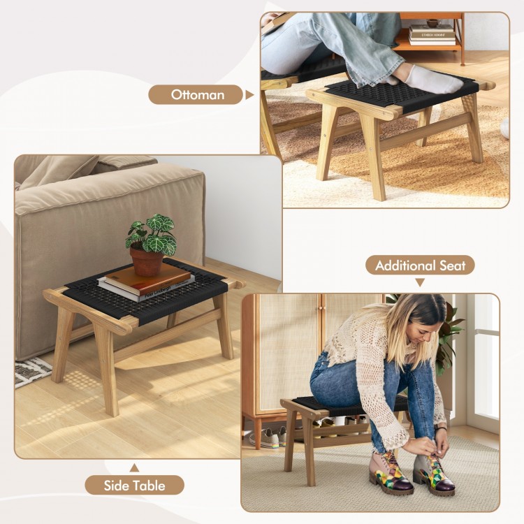 Teak wooden ottoman with handwoven cordage, ideal as a footrest or additional seat for indoor and outdoor use.