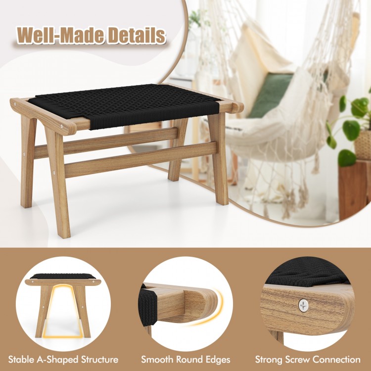 Teak wooden footstool with handwoven cordage, featuring smooth round edges and sturdy A-shaped design for.