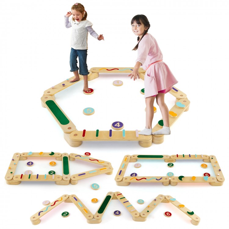 Montessori balance beam set featuring wooden balance boards and colorful stepping stones for imaginative play and motor.