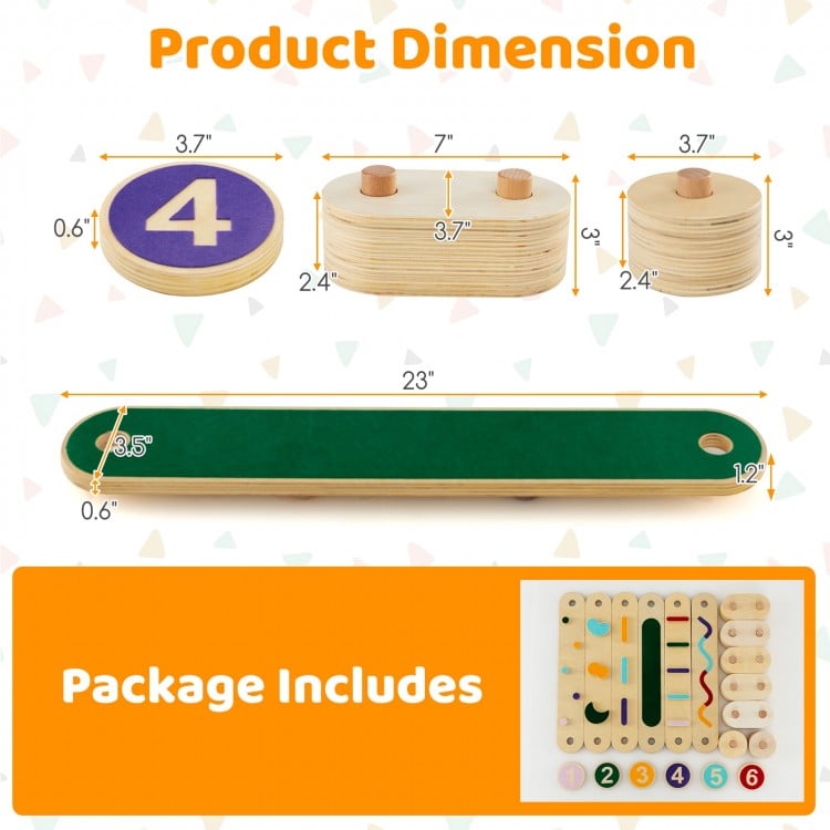 Montessori balance beam set showing dimensions and included pieces, designed for safe and imaginative play for kids.