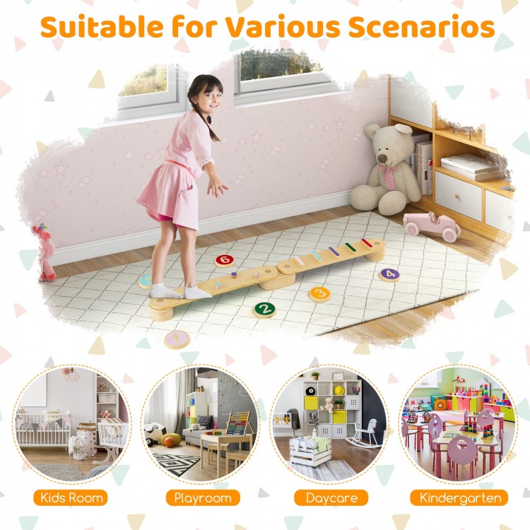 Montessori balance beam set with colorful stepping stones, designed for kids' motor skills development in various play.