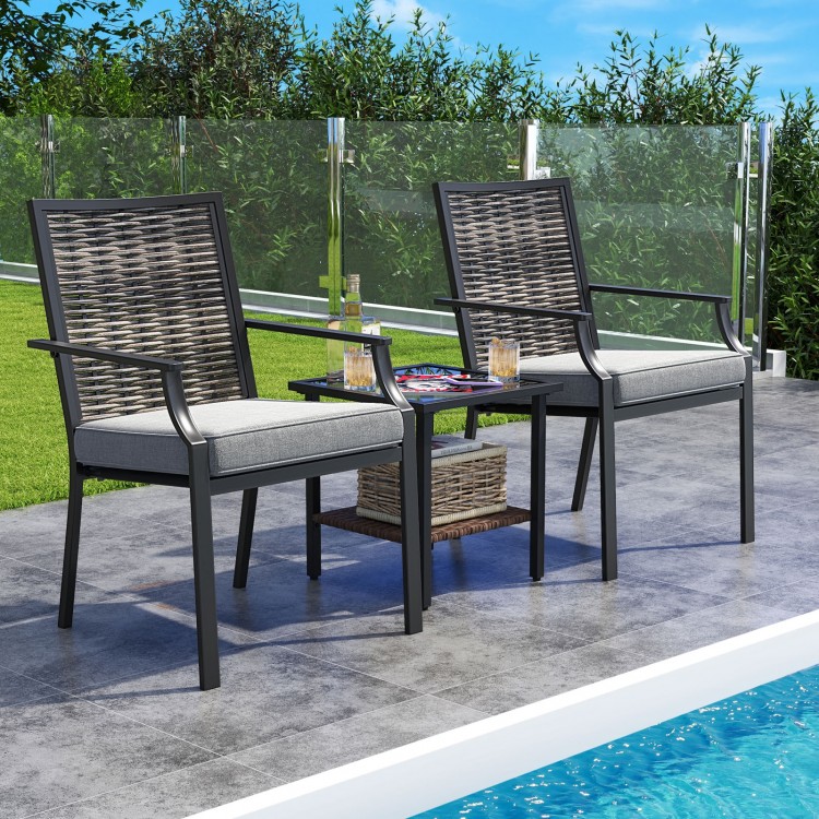 Stackable patio wicker chairs set of 2 with grey removable cushions, perfect for poolside relaxation and outdoor.