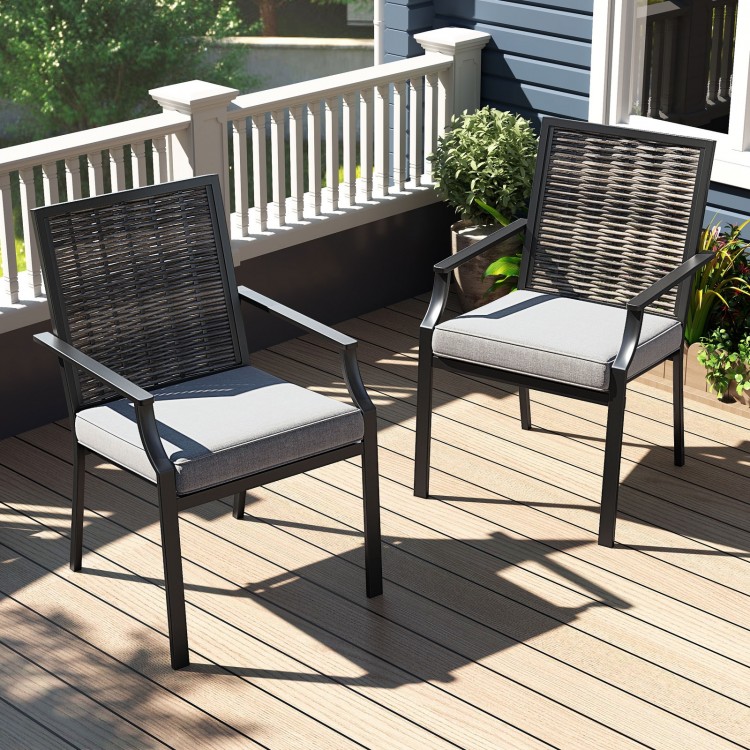 Stackable patio wicker chairs set of 2 with grey removable cushions, featuring a durable PE rattan backrest for outdoor.