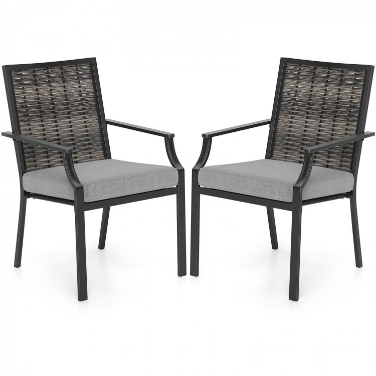 Stackable patio wicker chairs set of 2 with grey removable cushions and durable PE rattan backrest for outdoor comfort.