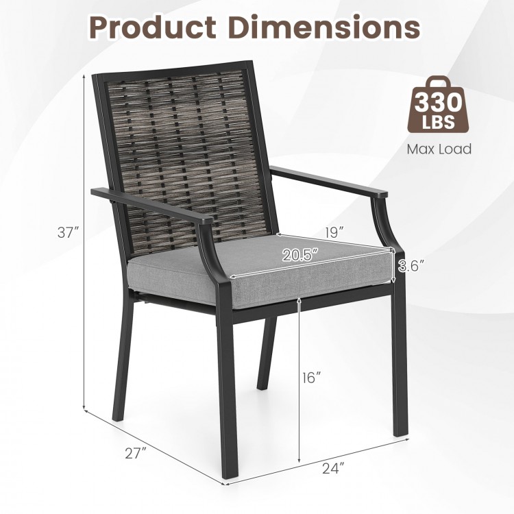 Stackable patio wicker chair with PE rattan backrest, grey removable cushion, and sturdy metal frame for outdoor use.