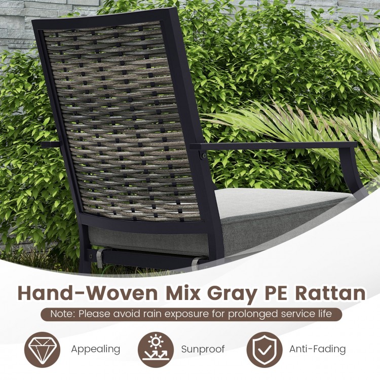 Stackable patio wicker chair with hand-woven gray PE rattan, removable cushions, ideal for backyard or poolside use.